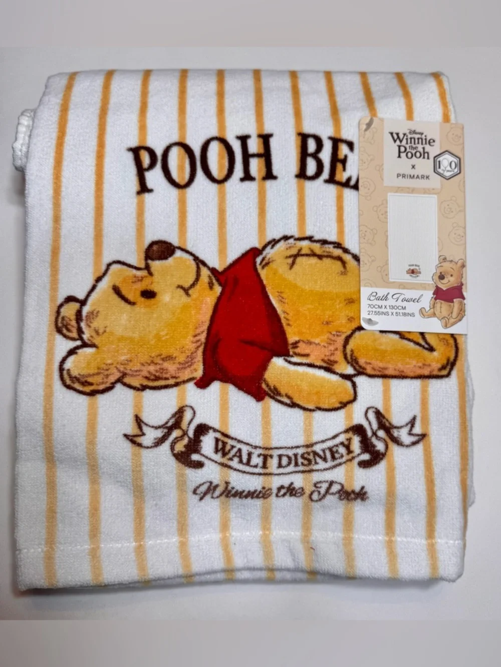 NWT Primark Disney Winnie the Pooh graphic bath towel. Yellow & white striped